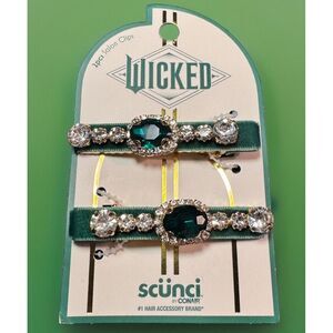Wicked Scunci Green Rhinestone 2 Hair‎ Clips NWT